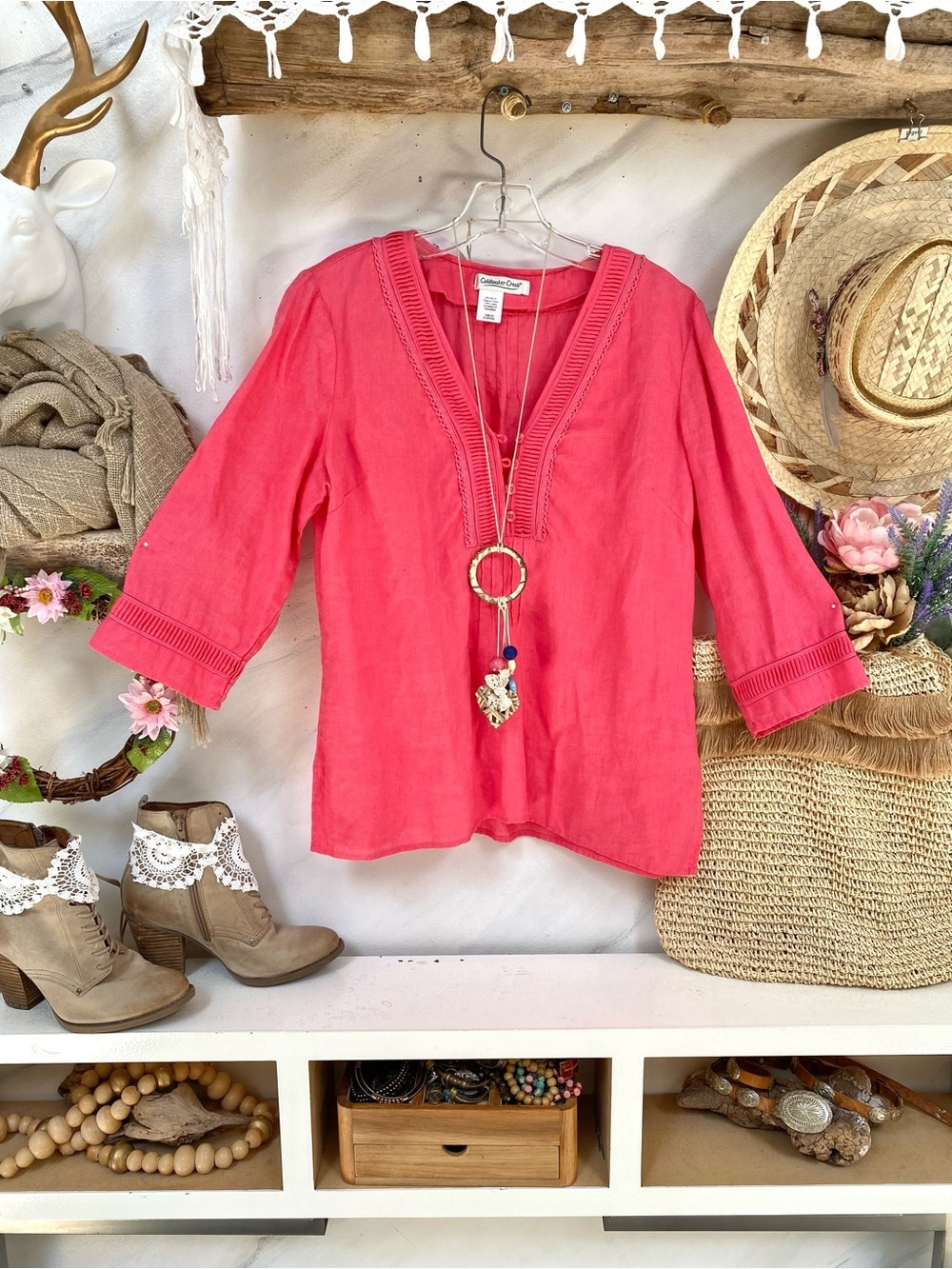 Pink LINEN V-Neck Embroidered top w resort vacay beach vibe